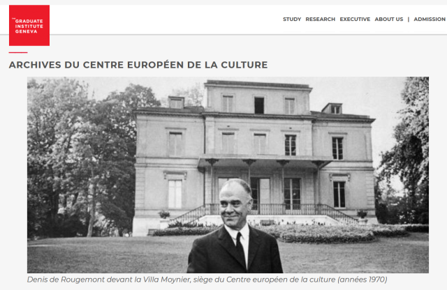 Denis de Rougemont devant la Villa Moynier, siège du Centre européen de la culture (années 1970)